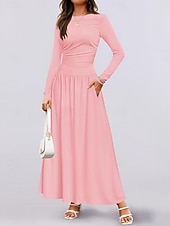 voordelige Witte jurk-Dames Maxi-jurk Trui-jurk A lijn jurk Casual Dagelijks Normale pasvorm Effen Lange mouw Strakke ronde hals Zwart Blozend Roze Rood Bruin Lente Herfst Winter