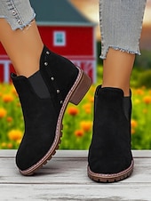 abordables Botas del Chelsea-Botines Chelsea de tacón grueso para mujer: botines de punta redonda con detalle de tachuelas para la moda de otoño, visitas a granjas y paseos al aire libre.