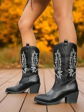 levne Cowboy &amp; Western Boots-Dámské semišové kovbojské boty s vyšívaným designem, westernové, s blokovým podpatkem do poloviny lýtek, retro styl, módní boty pro městské běžné nošení