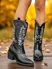 levne Cowboy &amp; Western Boots-Dámské semišové kovbojské boty s vyšívaným designem, westernové, s blokovým podpatkem do poloviny lýtek, retro styl, módní boty pro městské běžné nošení