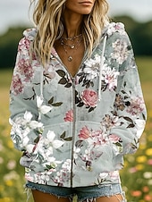 economico Top Floreali-Felpe con Cappuccio 3D Donna Stampate con Grafica Floreale Moda Casual Boho Maniche Lunghe Cappuccio Top Regolari Abbigliamento Stradale Quotidiano Patchwork Tasca con Cerniera Rosa Rosso Blu