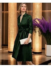 baratos Comprimento do chá-Vestido-camisa para mãe da noiva em corte A, tafetá elástico, elegante, simples e minimalista, gola estilo chá, comprimento até o joelho, tecido elástico, manga 3/4 com laço 2025
