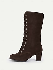 abordables Bottes à la mode-bottes à lacets en daim marron pour femmes - bottes mi-mollet vintage modernes avec talons épais pour la mode de tous les jours, les promenades d&#039;automne et les costumes à thème
