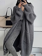 halpa Yksinkertainen neuletakki-Naisten Neulos Neule Muoti Katutyyli Vapaa-aika Puhdas väri Joustin Avoin etuosa Tasku Kudottu Pitkähihainen Pitkät topit Neuloa ulko- Päivittäin Viikonloppu Viininpunainen Musta Syksy Talvi