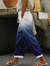 economico Pantaloni in cotone e lino con grafica-Per donna Pantaloni in cotone e lino Pantaloni Leggero Casual Lunghezza intera Vita media Blocco di colori Tasca Coulisse Traspirabilità Confortevole Inelastico Casual Quotidiano Weekend Azzurro Rosa