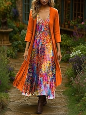 abordables Robe Fleurie-Femmes Robe Ensemble Robe Maxi Robe trapèze Vacances Boho Fleuri Graphique Superposé Imprimé Robe maxi Manche 3/4 Col en V Extérieur Quotidien bleu marine Bleu Orange Été Printemps Coupe régulière