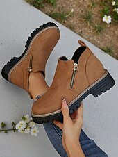 abordables Bottines-Bottines grises en similicuir pour femme – fermeture zippée latérale, semelle crantée antidérapante, style streetwear automne-hiver élégant
