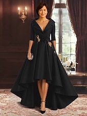 preiswerte Bodenlänge-rot-schwarzes A-Linien-Kleid für die Brautmutter, eleganter hochgeschlitzter Hemdkragen, asymmetrischer Satin, 3/4-Ärmel mit Applikationen 2025