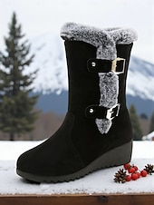 זול מגפי שלג וחורף-מגפי חורף שחורים לנשים עד אמצע השוק - מגפי שלג עם בטנת פרווה רכה, עקב טריז נגד החלקה, נעלי טרקים וטיולים חמות