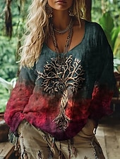 abordables Tops Boho pour Femmes-Chemisier femme graphique vintage quotidien décontracté manches longues col V régulier hauts tribal arbre de vie vintage designer vacances rue sortie quotidien vacances imprimé jaune violet fuchsia été printemps automne