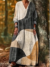 preiswerte Streifen- und geometrische Kleider-Damen Maxikleid Sommerkleid A Linie Kleid Urlaub Lässig Boho Party Ferien Strand Lässiger Schnitt Grafik Geometrisch Abstrakt Langarm V Ausschnitt Dunkelbraun Dunkelrot Rote Leicht Braun Frühling