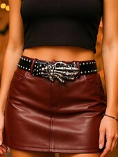 abordables Accessoires d&#039;Halloween-Ceinture gothique squelette pour femme, style punk rock, en similicuir clouté, avec boucle tête de mort, idéale pour les soirées costumées, les cosplay et les boîtes de nuit.