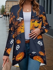 ieftine Îmbrăcăminte de Halloween-Pentru femei Palton Ușor Comfortabil Imprimeu Epocă Artistic Casual Halloween Dovleac Casual Lung Fără Guler Potrivire Largă Manșon Lung Îmbrăcăminte exterioară Negru Roz Îmbujorat Bleumarin