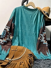 abordables Tops Boho-Mujer Sudadera Retazos Estampado Graphic Geométrico Tribal Cálido Activo Vintage Manga Larga Cuello Barco Tops regulares Casual Calle Uso Diario Verde Trébol Caqui Gris Primavera Otoño Invierno