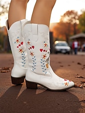 levne Cowboy &amp; Western Boots-Dámské vyšívané kovbojské boty do západního stylu s motivy zbraní a srdce - boty do poloviny lýtek vyjadřující lásku a mír, stylová městská ležérní obuv pro módní ženy