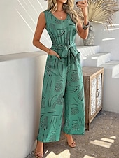 cheap Vacation Jumpsuit-Women's Normal Jumpsuit Active Geometric Sleeveless Wide Leg V Neck Lace up Print Daily Vacation Loose Fit Black Red Green Summer