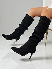 baratos Botas Slouch-Botas femininas de cano alto, estilo slouch, de camurça sintética bege, com salto agulha - calçados da moda outono para looks estilosos do dia a dia e para encontros casuais