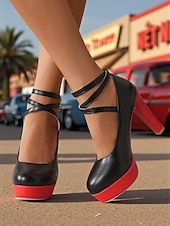 billige 1980-tallet-80-tallsinspirerte svarte og røde platåsko til dame – pumps i imitert skinn med rund tå og ankelremmer for retrofester, kveldsarrangementer og cosplay