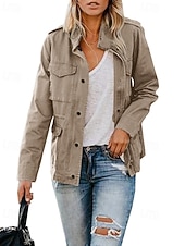 cheap Shirt Jackets-Women&#039;s Hoodie Jacket Warm Comfortable Zipper Pocket Casual Plain Vacation Daily Zipper Regular Turndown Regular Fit Long Sleeve Outerwear Black Khaki Army Green Fall Winter