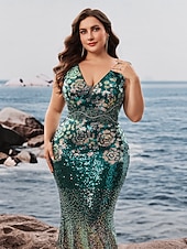 preiswerte Meerjungfrau Abendkleider-Meerjungfrau/Trompete Abendkleid, elegantes Kleid, formelle Abendparty, bodenlang, ärmellos, V-Ausschnitt, Herbst, Hochzeitsgast, Pailletten, V-Rücken mit Glitzerpailletten