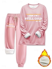 preiswerte Trainingsanzüge für Damen-Damen Pyjamas Set Fleece-Futter Elegant Warm Mode Zwei-Teile Sets Trainingsanzug Hosen Sets Langarm Bischof Ärmel Rundhals Grafik Buchstabe Druck Outdoor Urlaub Alltaglich Schwarz Pink Dunkel Pink