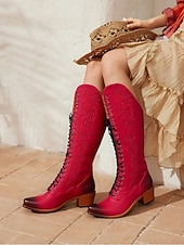 levne Cowboy &amp; Western Boots-vintage červené šněrovací westernové kovbojské boty - dámské kožené boty po kolena pro country a western akce