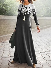 preiswerte Boho Kleid-Damen Maxikleid Etui-Kleid A Linie Kleid Lässig Täglich Lässiger Schnitt Grafik Geometrisch Langarm Rundhalsausschnitt Schwarz Weiß Blau Braun Frühling Herbst Winter