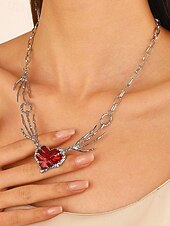 economico Accessori di Halloween-Collana da donna con ciondolo a forma di cuore e mano scheletrica per Halloween, catena con gemma rossa punk gotica, gioielli per feste in maschera e cosplay