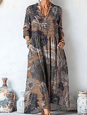 tanie Sukienki boho-Damskie Sukienka maxi Sukienka letnia Plisowana sukienka Urlop Codzienny Boho Wyjściowe Plaża Graficzny W Tureckie Wzory Długi rękaw W serek Fioletowy Brązowy Zielony Szary Wiosna Jesień Zima
