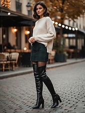 cheap Fashion Boots-Women's Black Faux Leather Over-the-Knee Boots - High Block Heel, Side Zipper, Chic Street Style Winter Footwear for Daily, Nights Out and Fashion Events