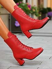 baratos Botas de tornozelo-Botas femininas de couro sintético com cadarço e salto grosso, estilo vintage, perfeitas para looks casuais e retrô.