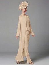 abordables Costumes-pantalons pour maman-Pantalon de mariage à la plage ensemble de 3 pièces mère de la mariée invitée de mariage formelle élégante grande taille avec encolure bateau longueur au sol manches longues enveloppe incluse avec
