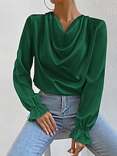 abordables Hauts habillés-Femmes Chemise Chemise en satin Uni Élégant Occasionnel manche longue Col Bénitier Hauts Réguliers Quotidien Sortir Drapé Noir Rose Claire Vert Abricot Printemps Automne