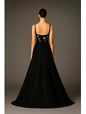 preiswerte A-Linie Abendkleider-Abendkleid in A-Linie mit Blumenmuster in Schwarz und Gold, elegantes Abendkleid für formelle Hochzeiten, Schleppe, ärmellos, quadratischer Ausschnitt, Tasche, Stretch-Satin mit Überrock 2025