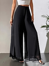 baratos perna larga e cintura alta-Mulheres Perna larga chinês Moda Roupa de rua Básico Comprimento total Cintura Alta Tecido Cintura elástica Confortável Macio Com Stretch Ao ar livre Rua Casual Marron Escuro Vinho Preto Branco Verão