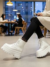cheap Combat Boots-Women&#039;s White Platform Lace-Up Ankle Boots with Height Increasing Sole -Trendy Chunky Heel Fashion Boots for Casual and Streetwear