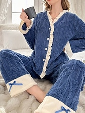 abordables Ropa para estar en casa para mujeres-Mujer Pijamas Ropa de salón Conjunto pijama 2 Piezas Confort Suave Retazos Cintura elástica Botones Pantalón Hogar Diario Cama Manga Larga Escote en Pico Azul Oscuro Otoño Invierno