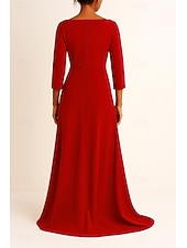  Women's Tuxedo Dress A-Line Formal Wedding Guest Satin Crepe Elegant 3/4 Sleeve Pleated Floor Length V Neck