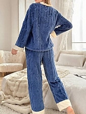 abordables Ropa para estar en casa para mujeres-Mujer Pijamas Ropa de salón Conjunto pijama 2 Piezas Confort Suave Retazos Cintura elástica Botones Pantalón Hogar Diario Cama Manga Larga Escote en Pico Azul Oscuro Otoño Invierno
