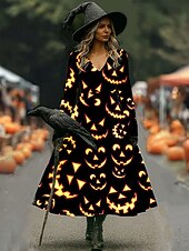 olcso Halloween ruha-Mindszentek napja Női Midi ruha hétköznapi ruha A vonalú ruha Szabadság Alkalmi Esküvő Parti Születésnap Normál Grafika Hosszú ujj V-alakú Fekete Bíbor Narancssárga Lóhere Tavasz Ősz