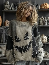 olcso Halloween Blúzok és Ingek-Női Pulóver aranyos stílus Utcai sikk Alkalmi Grafika Tök Terített nyak Kollázs Kötött Hosszú ujj Normál felsők Kötött Halloween Narancssárga Lóhere Ősz Tél