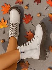 Недорогие Женские ботинки-Женские белые ботинки из искусственной кожи на шнуровке с боковой молнией и массивной подошвой — стильные армейские ботинки для кей-попа, уличной моды и повседневных образов.