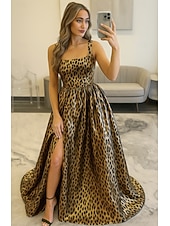 billiga A-linje kvällsklänningar-leopardmönstrad a-linjeformad aftonklänning elegant formell klänning formell golvlång ärmlös fyrkantig halsringning satin med blommigt tryck ficka 2025
