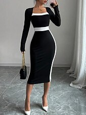 billiga Randig och geometrisk klänning-Dam Midiklänning Sheath Dress Ledigt Helgdag Utekväll Normal Randig Långärmad Fyrkantig hals Svart Fuchsia Mörkblå Vår Höst Vinter