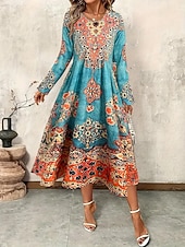 olcso Boho ruha-Női Maxiruha A vonalú ruha Fit and Flare ruha Szabadság Alkalmi Boho Parti Napi Alkalmi Normál Grafika Törzsi Hosszú ujj Terített nyak Lóhere Tavasz Ősz Tél