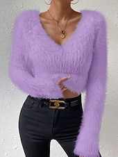 abordables Couleurs unies-Femmes Pull Mode Occasionnel Couleur Unie Côtelé Col en V Tricoté manche longue Hauts Réguliers Tricoter Extérieur Quotidien Week-end Noir Blanche Automne Hiver