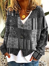 abordables Cardigans et vêtements d&#039;extérieur-Femmes Pull Cardigan Élégant ancien Mode Fleuri Géométrique Rayé Col en V Patchwork Avec Poches Tricoté manche longue Hauts Réguliers Tricoter Extérieur Quotidien Week-end Rouge vin Marron Automne