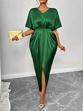 abordables Robe de cocktail-Femmes Robe Longue Maxi Robe Robe de Soirée Robe de Cocktail Robe en Satin Élégant Moderne Soirée Coupe régulière Uni Manche Courte Col en V Noir Jaune Bleu Roi Vert foncé Automne Hiver