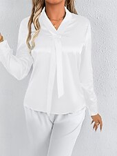 economico Top eleganti-Per donna Camicia Camicia in raso Tinta unica Elegante Casual Manica Lunga Scollo a V Top Regolari Quotidiano Uscire Nodo frontale Nero Bianco Primavera Autunno