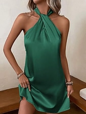 baratos Vestido Simples-Mulheres Minivestido vestido de cetim Vestido de festa Vestido decote halter Elegante Moderno Festa de Noite Festa Coquetel Normal Tecido Sem Manga Halter pescoço Azul Champanhe Verde Primavera Outono